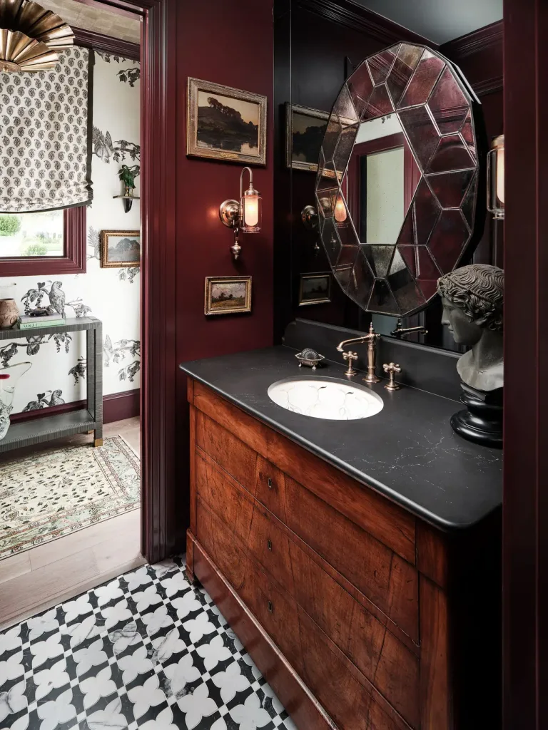 Bathroom remodel with warm Mammoth Cave-inspired color palette, featuring earthy tones, modern vanity, updated fixtures, and soft ambient lighting.