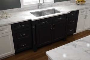 Two-tone kitchen with soft white cabinets and charcoal sink base - 1to1 Kitchen & Bath design in Connecticut