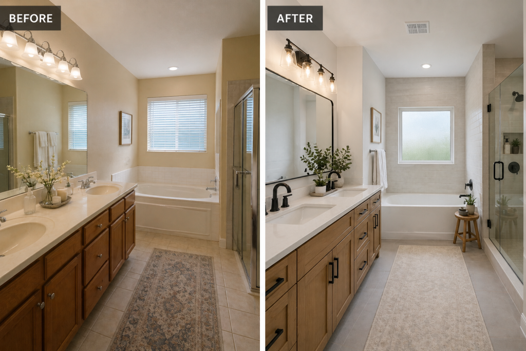 Side-by-side before and after bathroom remodel showing updated vanity, lighting, tile, and fixtures in the same layout.