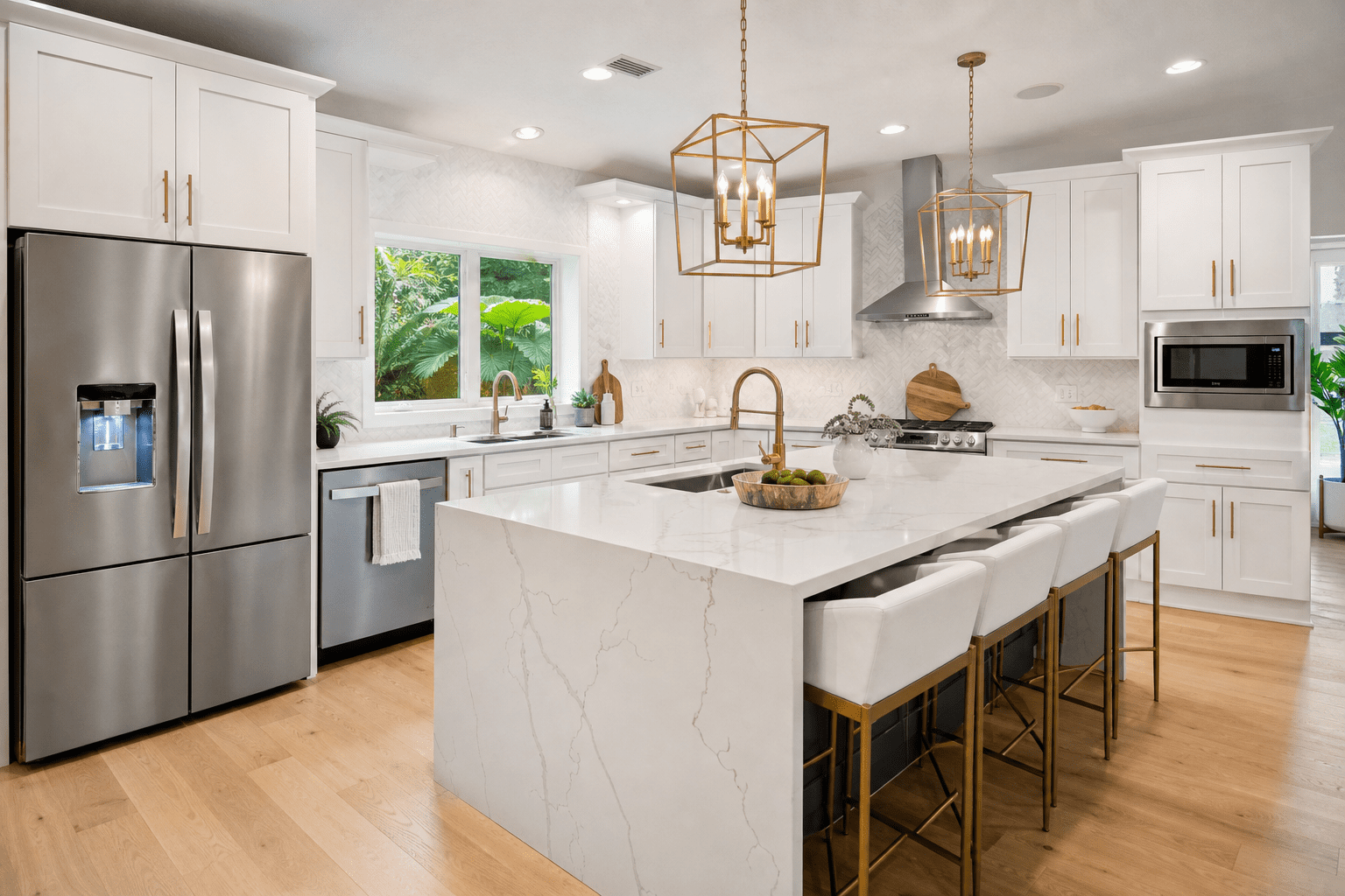 Modern kitchen remodel in Winter Park FL with white shaker cabinets, quartz waterfall island, gold fixtures and pendant lighting