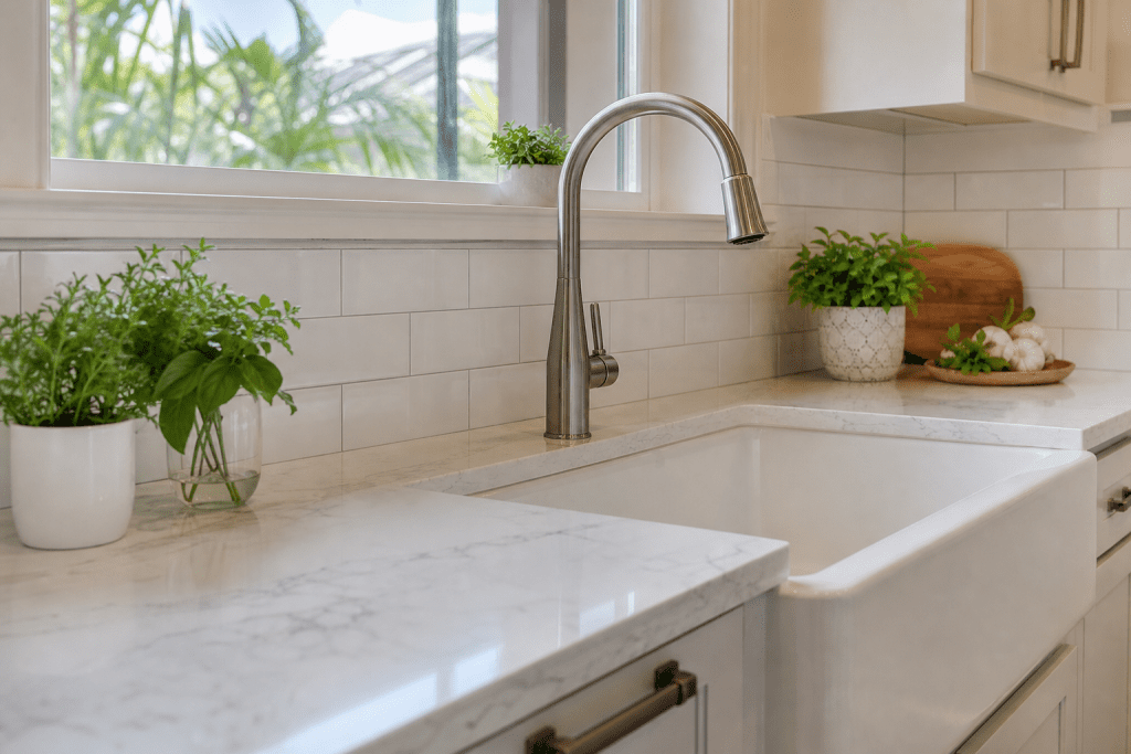 Quartz countertop detail with undermount farmhouse sink and brushed nickel faucet in a Winter Park FL kitchen remodel